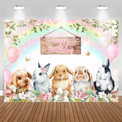 Lofaris Rainbow Bunny Floral Balloon Happy Birthday Backdrop
