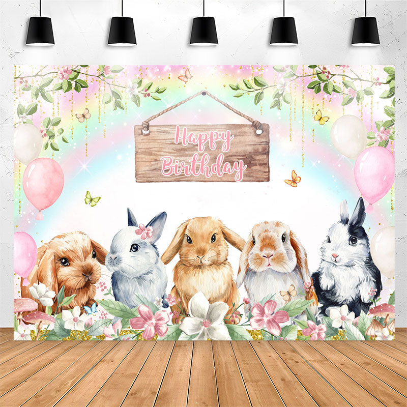 Lofaris Rainbow Bunny Floral Balloon Happy Birthday Backdrop