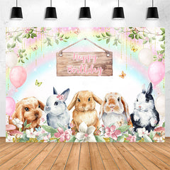 Lofaris Rainbow Bunny Floral Balloon Happy Birthday Backdrop