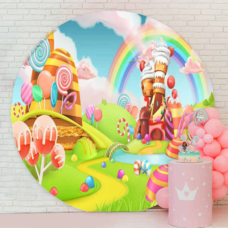 Lofaris Rainbow Cloud Candy World Round Birthday Backdrop