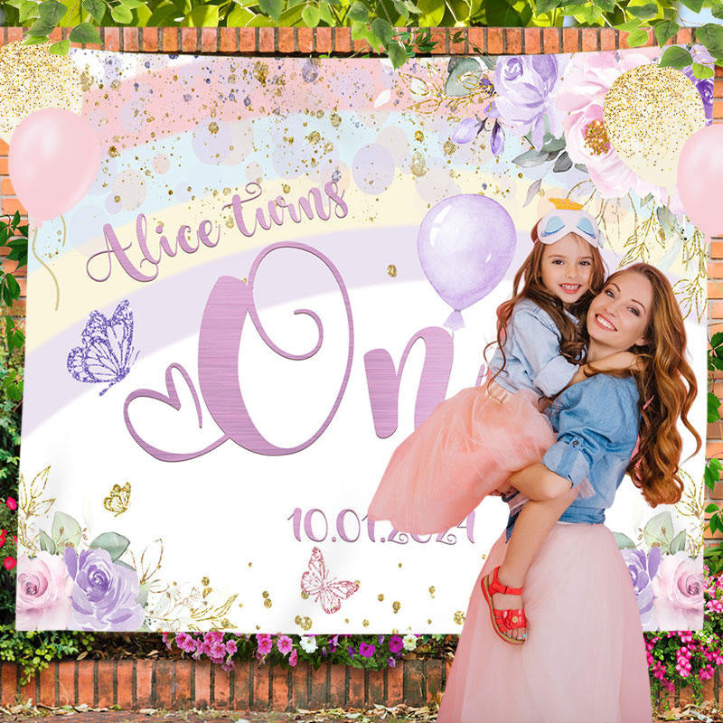 Lofaris Rainbow Glitter Floral Custom 1st Birthday Backdrop
