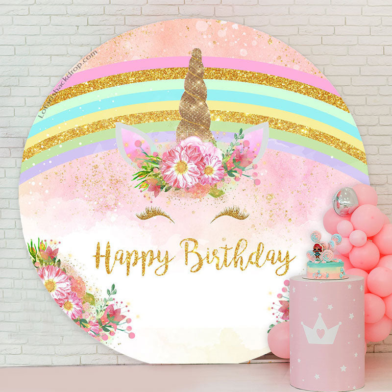 Lofaris Rainbow Pink Unicorn Round Happy Birthday Backdrop