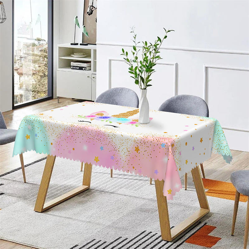 Lofaris Rainbow Unicorn Watercolor Glitter Stars Tablecloth