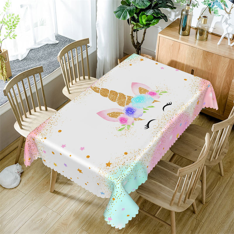 Lofaris Rainbow Unicorn Watercolor Glitter Stars Tablecloth