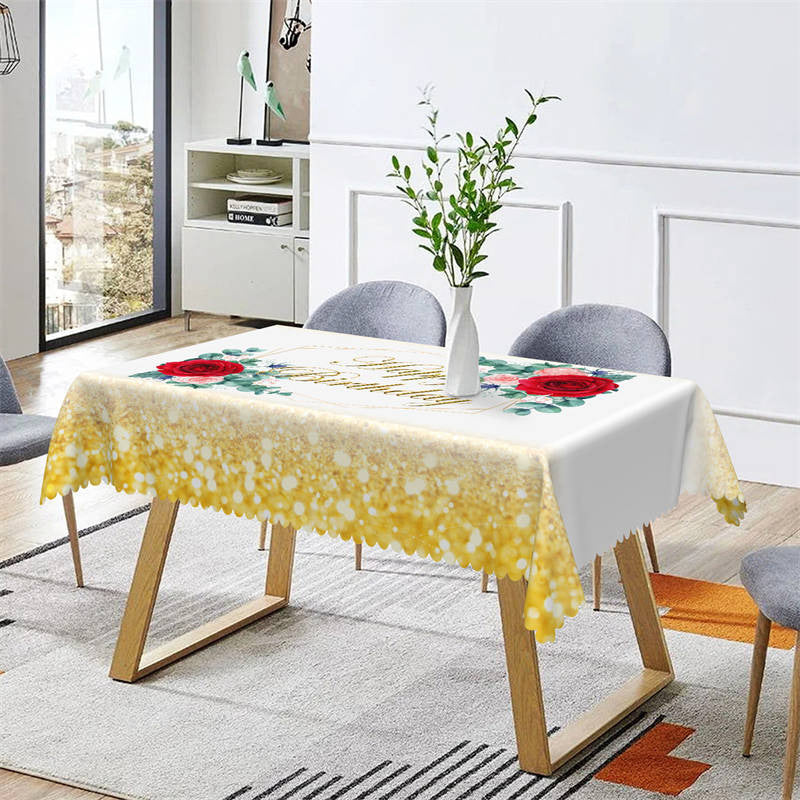 Lofaris Red And Pink Rose Glitter Happy Birthday Tablecloth