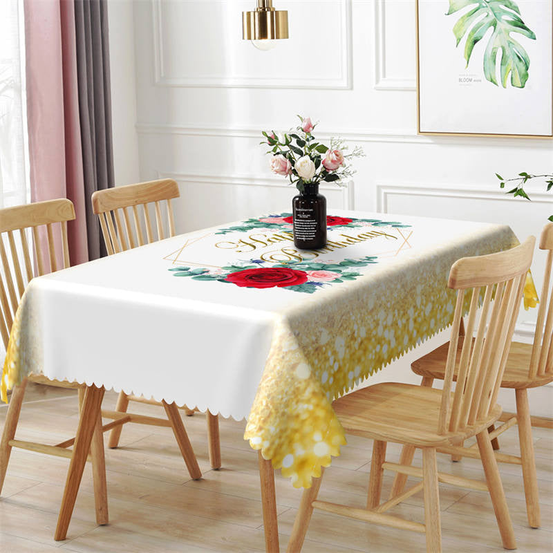 Lofaris Red And Pink Rose Glitter Happy Birthday Tablecloth