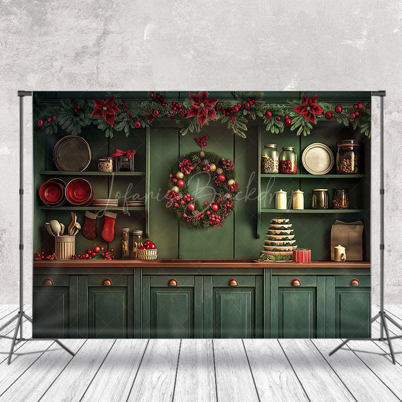 Lofaris Red Bells Green Leaves Kitchen Christmas Backdrop