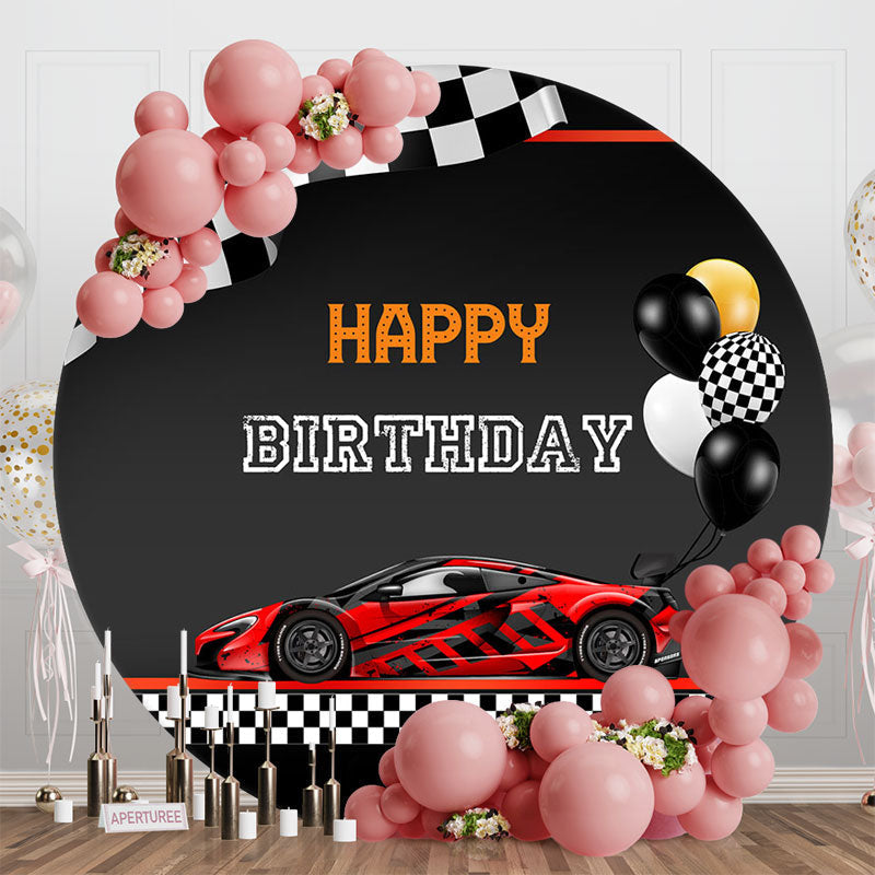 Lofaris Red Black Car Balloons Round Happy Birthday Backdrop