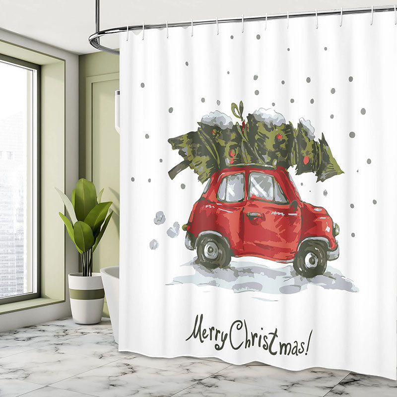Lofaris Red Car Green Xmas Tree Christmas Shower Curtain