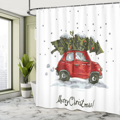 Lofaris Red Car Green Xmas Tree Christmas Shower Curtain