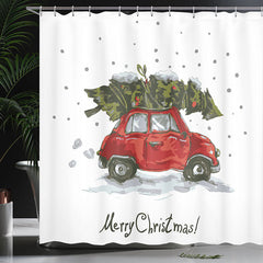 Lofaris Red Car Green Xmas Tree Christmas Shower Curtain