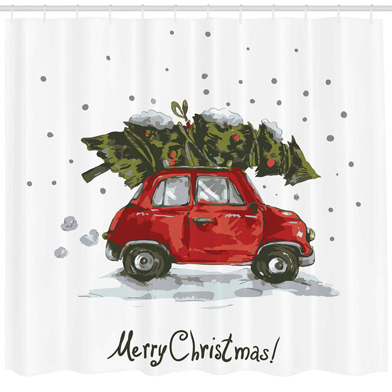 Lofaris Red Car Green Xmas Tree Christmas Shower Curtain