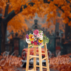 Lofaris Red Car Leaves Gate Fence Autumn Backdrop For Photo