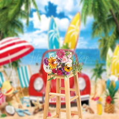 Lofaris Red Car Sandy Beach Palm Trees Summer Photo Backdrop