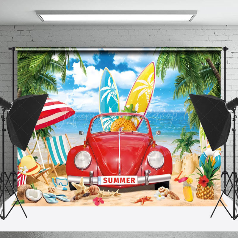 Lofaris Red Car Sandy Beach Palm Trees Summer Photo Backdrop