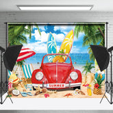 Lofaris Red Car Sandy Beach Palm Trees Summer Photo Backdrop