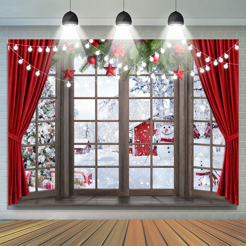 Lofaris Red Curtain Window Snowman Christmas Tree Backdrop