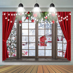 Lofaris Red Curtain Window Snowman Christmas Tree Backdrop