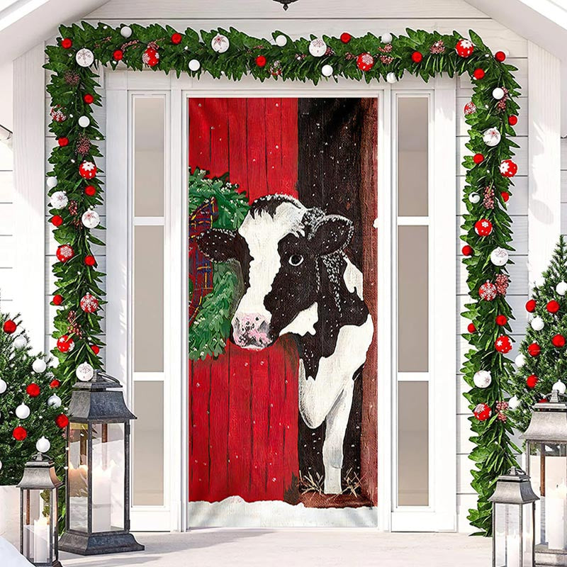Lofaris Red Dairy Cattle Cowshed Rural Christmas Door Cover