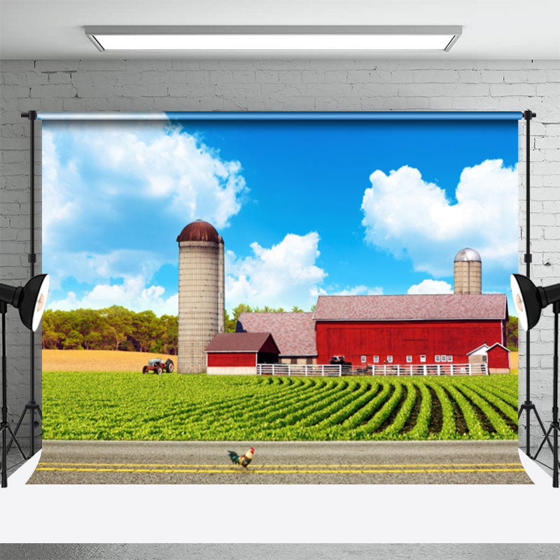 Lofaris Red Farm House Green Plant Sunny Sky Spring Backdrop