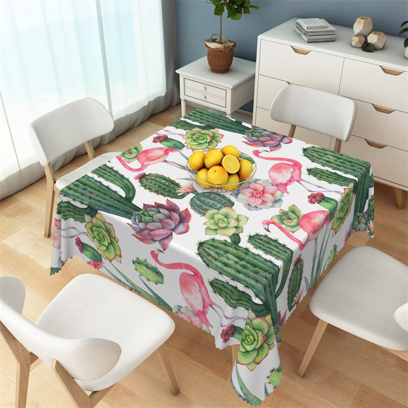 Lofaris Red Flamingo Green Cactus Floral Square Tablecloth