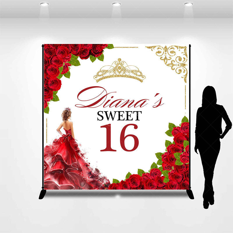 Lofaris Red Floral Custom Name Sweet 16 Birthday Backdrop