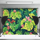 Lofaris Red Floral Green Monstera Spring Backdrop For Photo