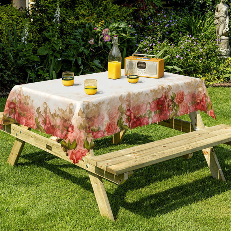 Lofaris Red Flower Ivory Rectangle Tablecloth for Kitchen