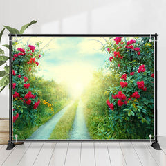 Lofaris Red Flowers Green Grass Field Path Spring Backdrop