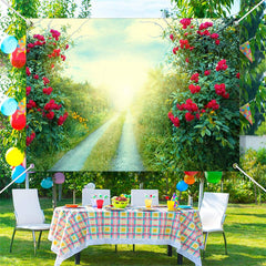 Lofaris Red Flowers Green Grass Field Path Spring Backdrop