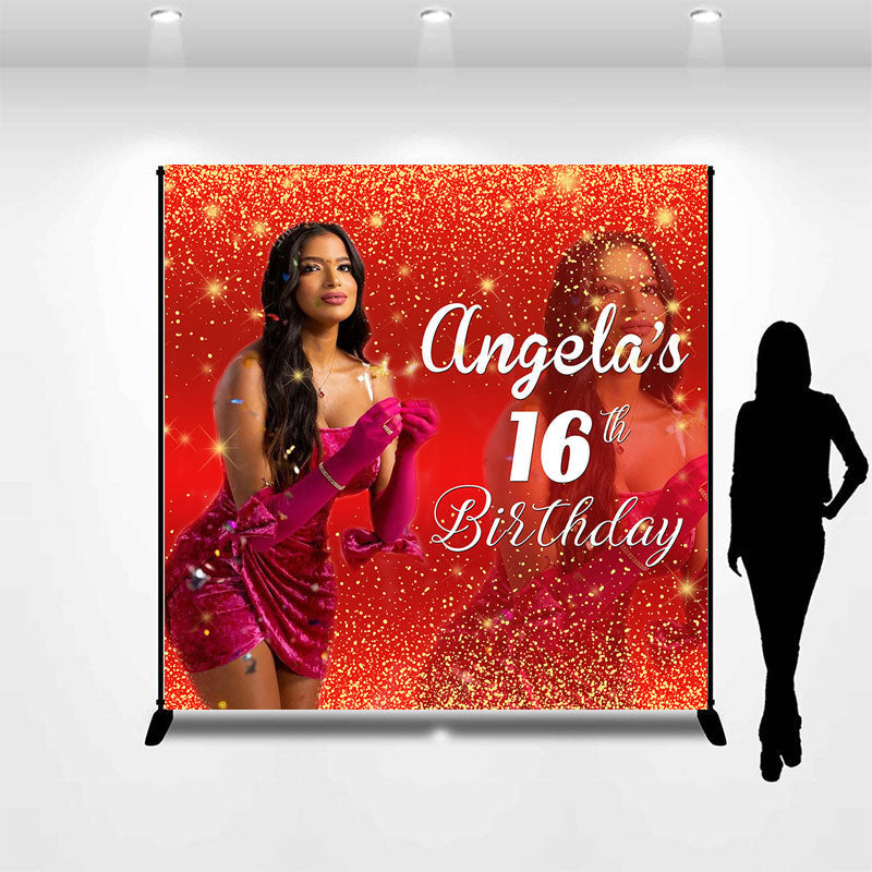 Lofaris Red Gold Glitter Custom Photo 16th Birthday Backdrop