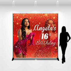 Lofaris Red Gold Glitter Custom Photo 16th Birthday Backdrop