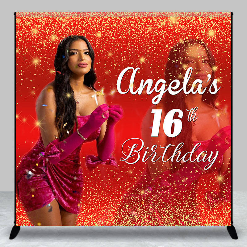 Lofaris Red Gold Glitter Custom Photo 16th Birthday Backdrop