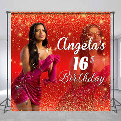 Lofaris Red Gold Glitter Custom Photo 16th Birthday Backdrop