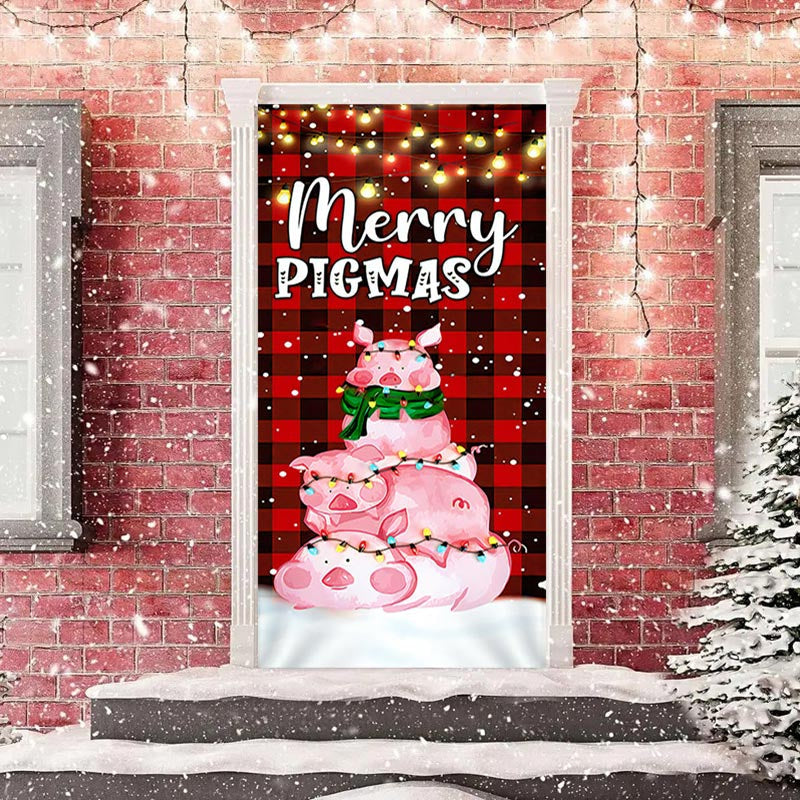 Lofaris Red Grid Pink Pig Light Merry Christmas Door Cover