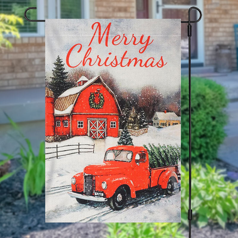 Lofaris Red House Truck Snowy Merry Christmas Garden Flag