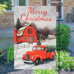Lofaris Red House Truck Snowy Merry Christmas Garden Flag