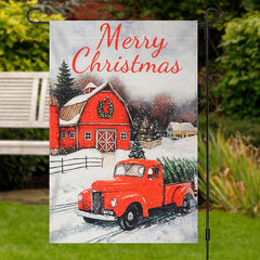 Lofaris Red House Truck Snowy Merry Christmas Garden Flag