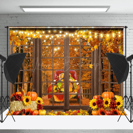 Lofaris Red Pickup Truck With Food Outside The Window Autumn Backdrop