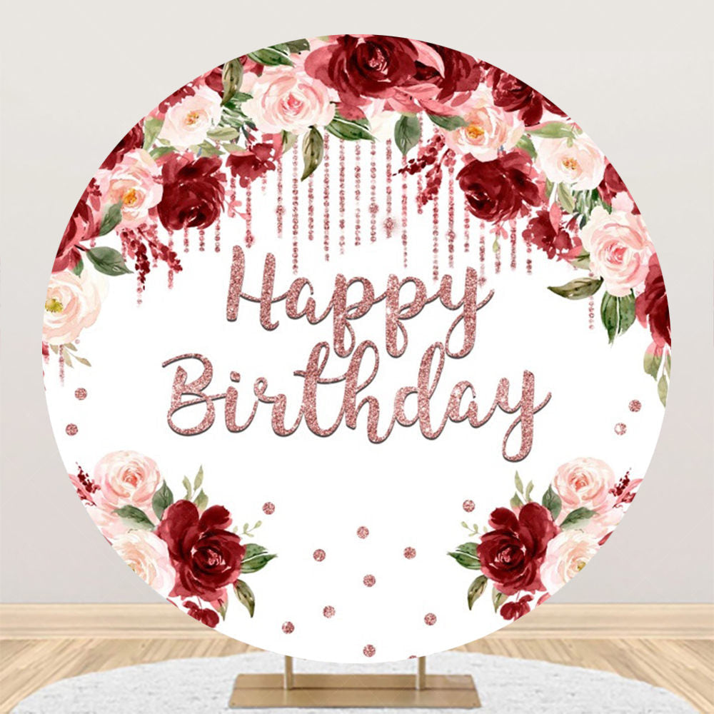 Lofaris Red Pink Floral Diamond Round Happy Birthday Backdrop