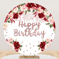 Lofaris Red Pink Floral Diamond Round Happy Birthday Backdrop