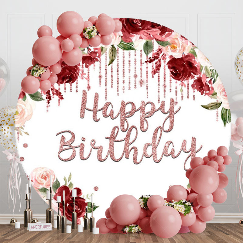 Lofaris Red Pink Floral Diamond Round Happy Birthday Backdrop