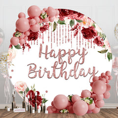 Lofaris Red Pink Floral Diamond Round Happy Birthday Backdrop