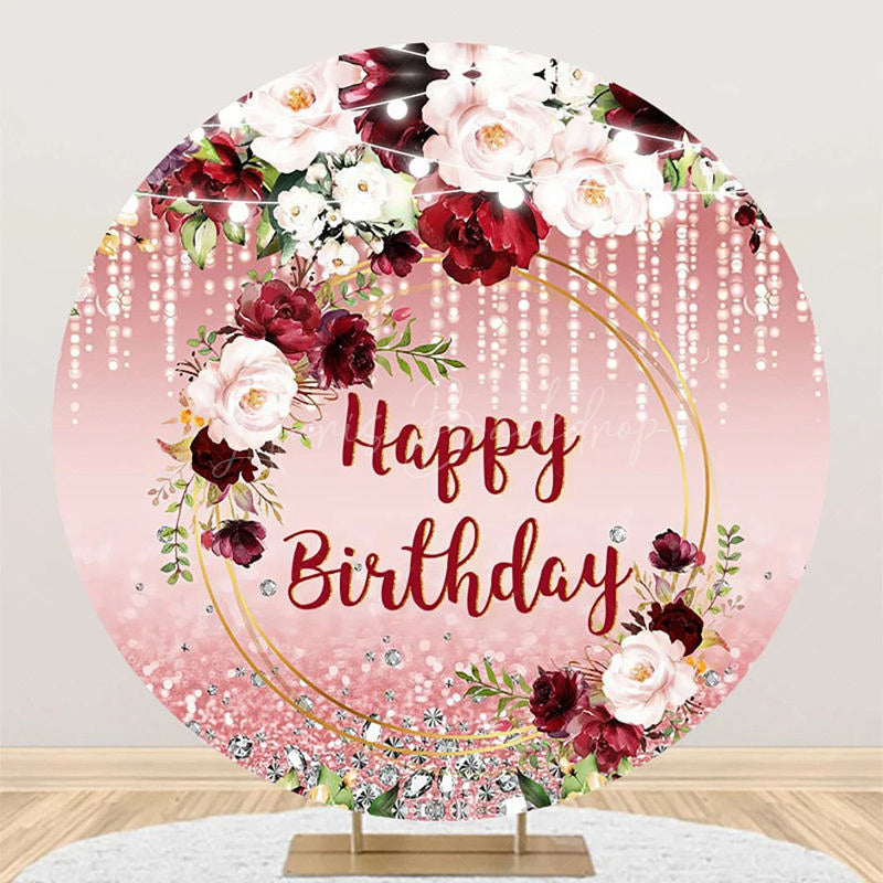Lofaris Red Pink Glitter Floral Leaf Round Birthday Backdrop