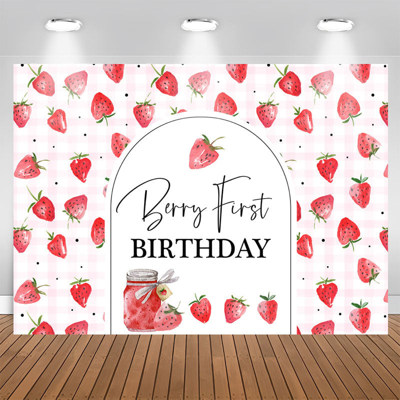 Lofaris Red Pink Strawberries Repeat 1st Birthday Backdrop