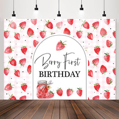 Lofaris Red Pink Strawberries Repeat 1st Birthday Backdrop