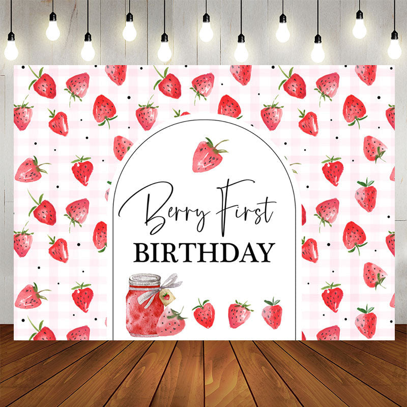Lofaris Red Pink Strawberries Repeat 1st Birthday Backdrop
