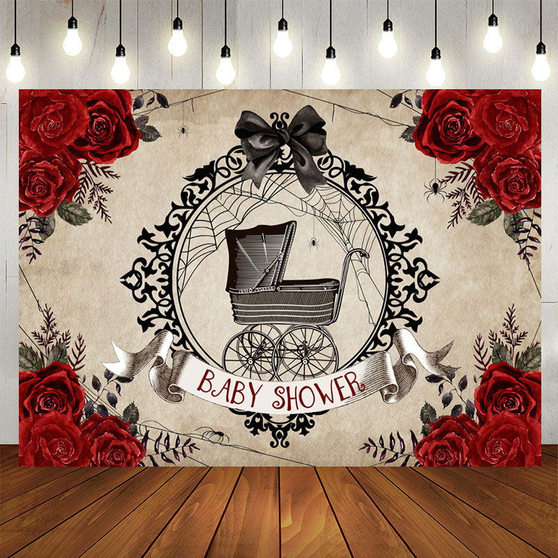 Lofaris Red Rose Black Stroller Bowknot Baby Shower Backdrop
