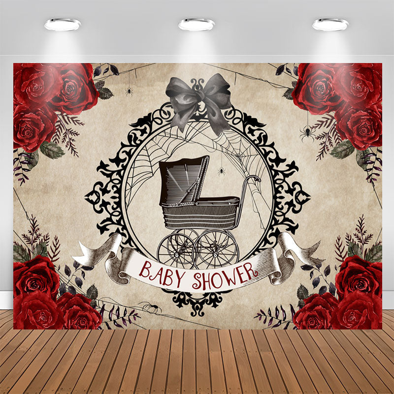 Lofaris Red Rose Black Stroller Bowknot Baby Shower Backdrop