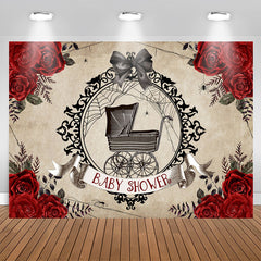 Lofaris Red Rose Black Stroller Bowknot Baby Shower Backdrop